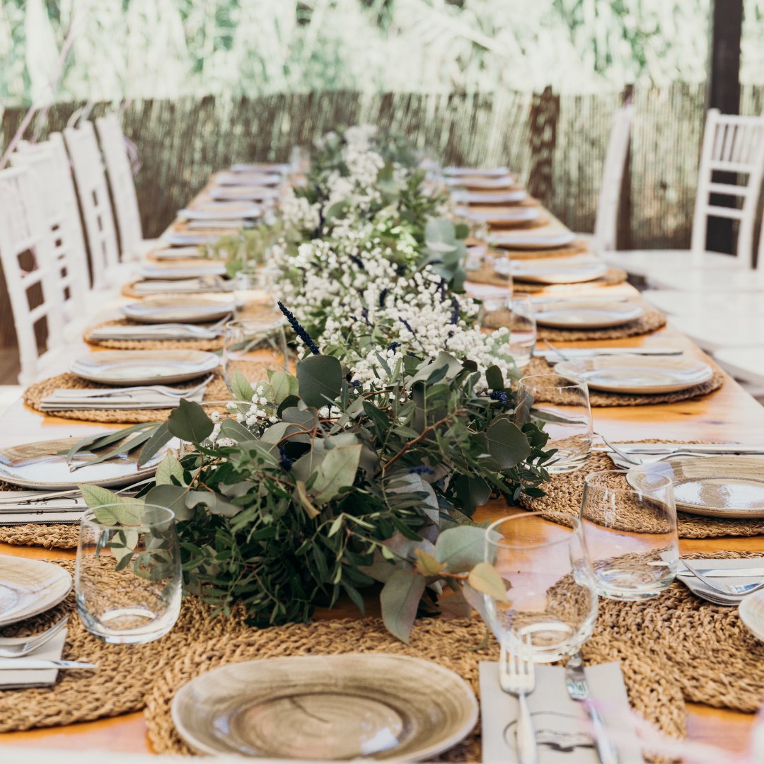 simple greenery table runner with babys breath