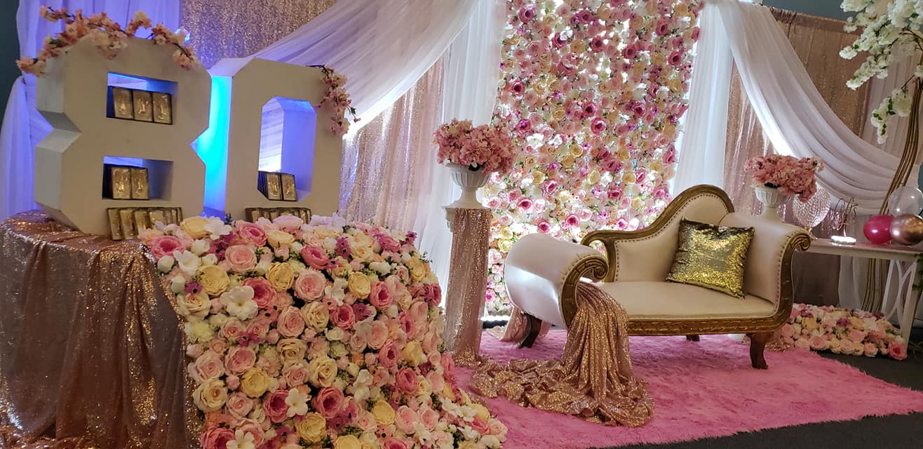 pink and white rose floral wall